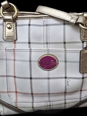 Coach White Plaid Tote with Pink Logo and Gold Trim